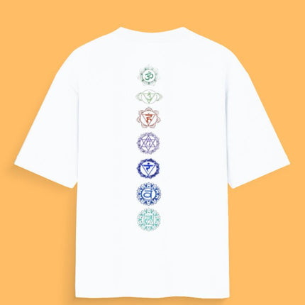 Seven Chakra : Graphic Oversized T-Shirt – White | 100% Cotton | Relaxed Fit Unisex Tee - Peepri