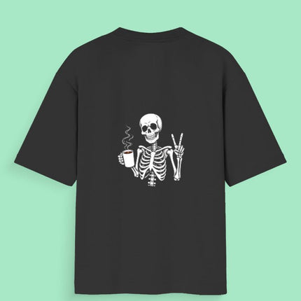 Ghost and Coffee : Graphic Oversized T-Shirt – White | 100% Cotton | Relaxed Fit Unisex Tee - Peepri