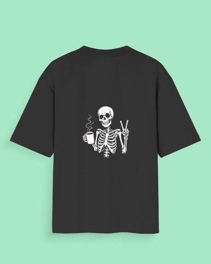 Ghost and Coffee : Graphic Oversized T-Shirt – White | 100% Cotton | Relaxed Fit Unisex Tee - Peepri