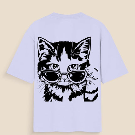 Cool Cat : Graphic Oversized T-Shirt – White | 100% Cotton | Relaxed Fit Unisex Tee - Peepri
