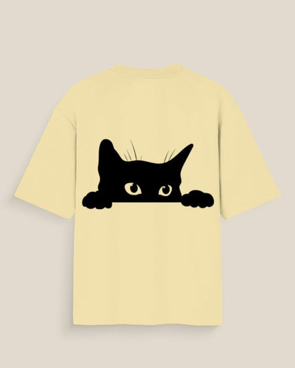 Hiding Cat : Graphic Oversized T-Shirt – White | 100% Cotton | Relaxed Fit Unisex Tee - Peepri