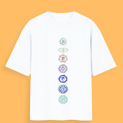 Seven Chakra : Graphic Oversized T-Shirt – White | 100% Cotton | Relaxed Fit Unisex Tee - Peepri