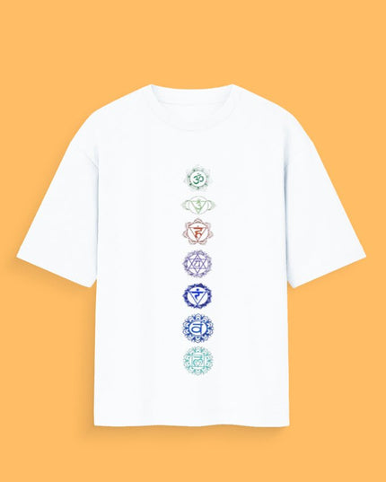 Seven Chakra : Graphic Oversized T-Shirt – White | 100% Cotton | Relaxed Fit Unisex Tee - Peepri