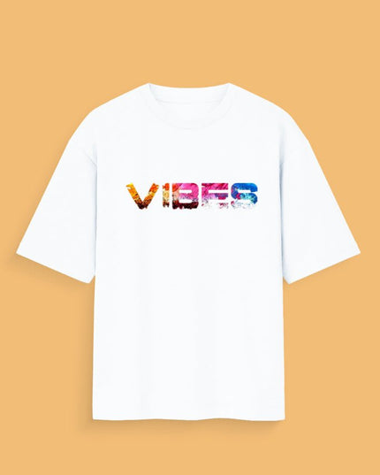 Vibes : Graphic Oversized T-Shirt – White | 100% Cotton | Relaxed Fit Unisex Tee - Peepri