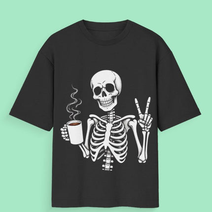 Ghost and Coffee : Graphic Oversized T-Shirt – White | 100% Cotton | Relaxed Fit Unisex Tee - Peepri