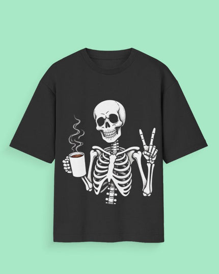 Ghost and Coffee : Graphic Oversized T-Shirt – White | 100% Cotton | Relaxed Fit Unisex Tee - Peepri