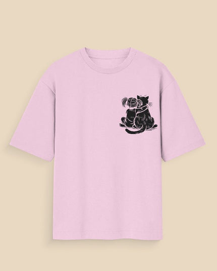Cat Love : Graphic Oversized T-Shirt – White | 100% Cotton | Relaxed Fit Unisex Tee - Peepri
