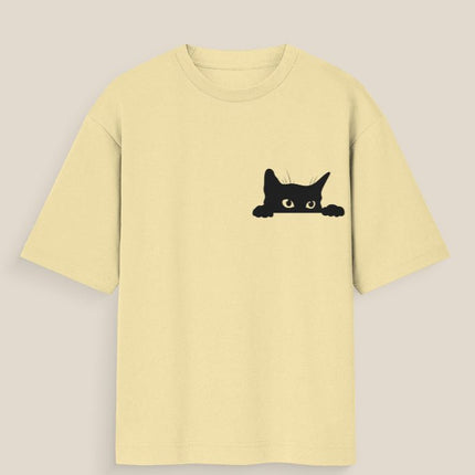 Hiding Cat : Graphic Oversized T-Shirt – White | 100% Cotton | Relaxed Fit Unisex Tee - Peepri
