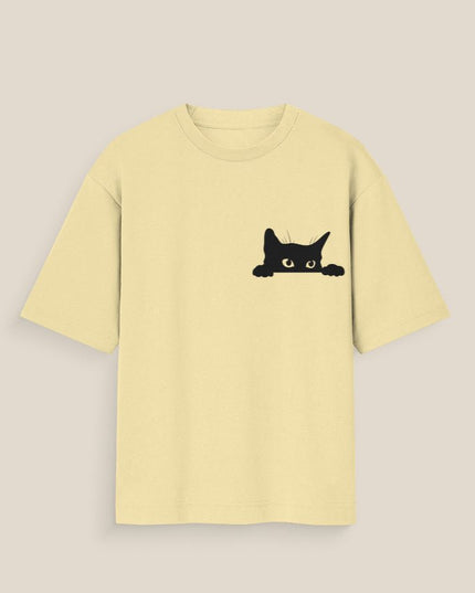 Hiding Cat : Graphic Oversized T-Shirt – White | 100% Cotton | Relaxed Fit Unisex Tee - Peepri