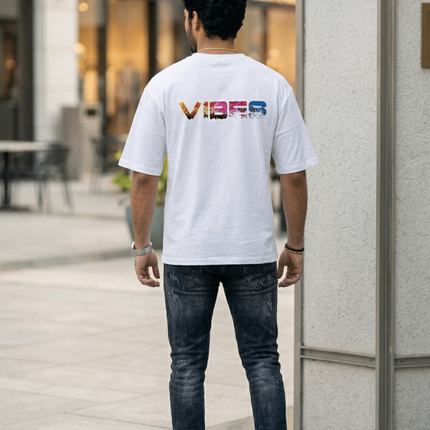 Vibes : Graphic Oversized T-Shirt – White | 100% Cotton | Relaxed Fit Unisex Tee - Peepri