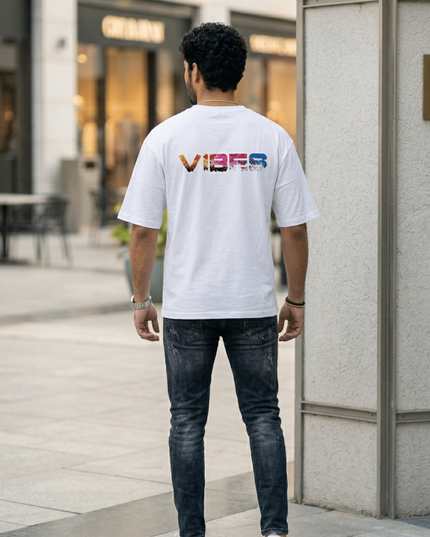 Vibes : Graphic Oversized T-Shirt – White | 100% Cotton | Relaxed Fit Unisex Tee - Peepri