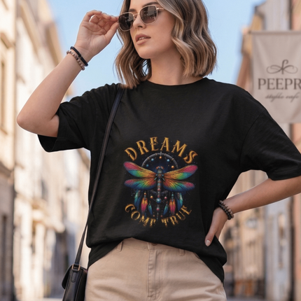 Dream Dragonfly : Graphic Oversized T-Shirt – White | 100% Cotton | Relaxed Fit Unisex Tee - Peepri