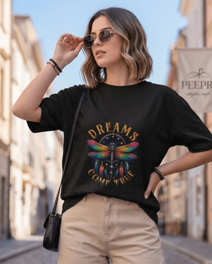 Dream Dragonfly : Graphic Oversized T-Shirt – White | 100% Cotton | Relaxed Fit Unisex Tee - Peepri