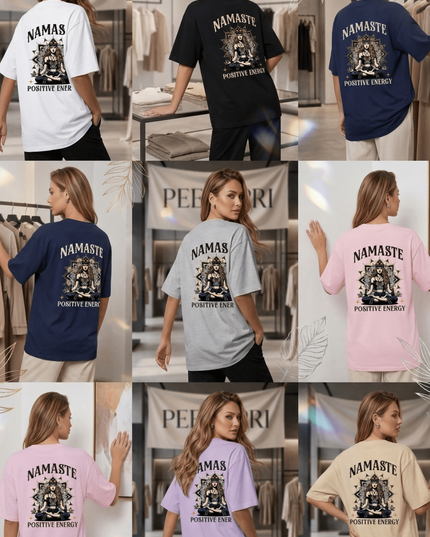 Namaste : Graphic Oversized T-Shirt – White | 100% Cotton | Relaxed Fit Unisex Tee - Peepri