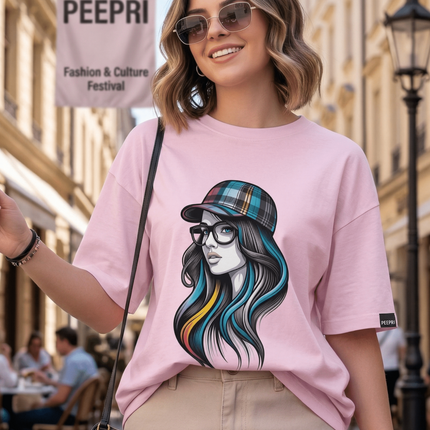 Rainbow Hair Girl : Graphic Oversized T-Shirt – White | 100% Cotton | Relaxed Fit Unisex Tee - Peepri