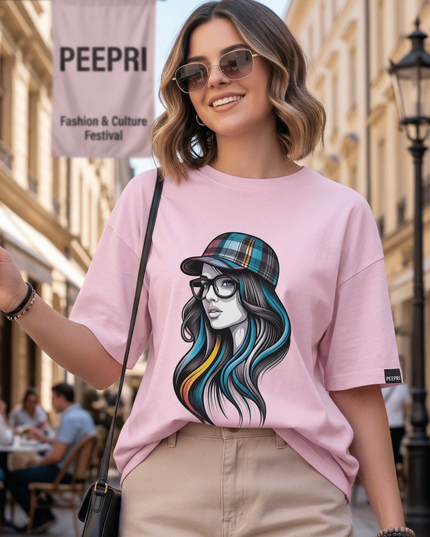 Rainbow Hair Girl : Graphic Oversized T-Shirt – White | 100% Cotton | Relaxed Fit Unisex Tee - Peepri