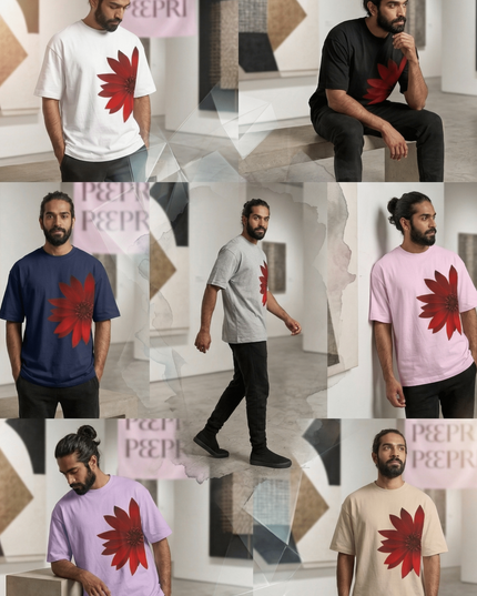Red Flower : Graphic Oversized T-Shirt – White | 100% Cotton | Relaxed Fit Unisex Tee - Peepri