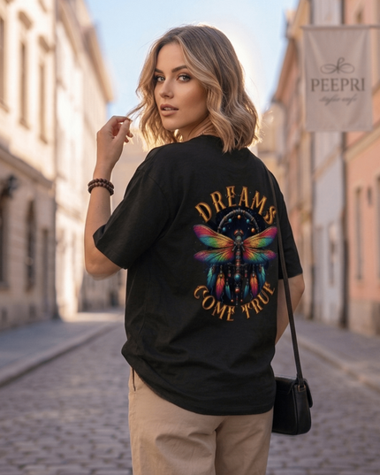 Dream Dragonfly : Graphic Oversized T-Shirt – White | 100% Cotton | Relaxed Fit Unisex Tee - Peepri