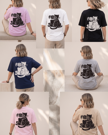 Cat Love : Graphic Oversized T-Shirt – White | 100% Cotton | Relaxed Fit Unisex Tee - Peepri