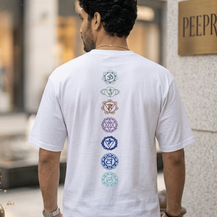 Seven Chakra : Graphic Oversized T-Shirt – White | 100% Cotton | Relaxed Fit Unisex Tee - Peepri