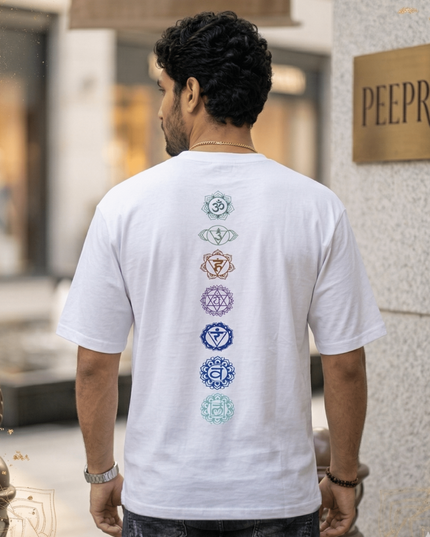 Seven Chakra : Graphic Oversized T-Shirt – White | 100% Cotton | Relaxed Fit Unisex Tee - Peepri