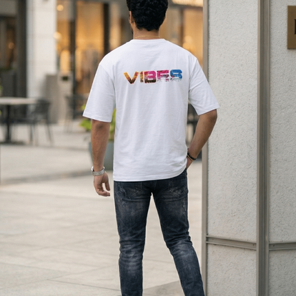 Vibes : Graphic Oversized T-Shirt – White | 100% Cotton | Relaxed Fit Unisex Tee - Peepri
