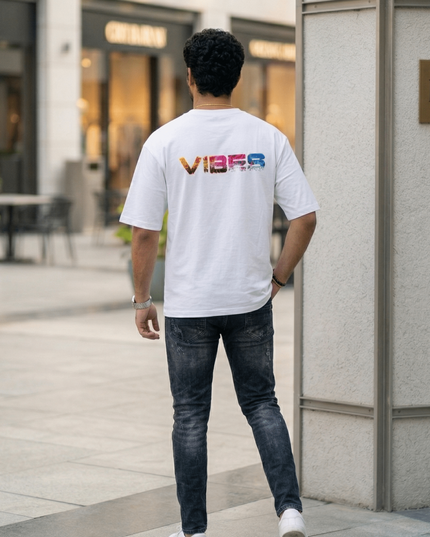 Vibes : Graphic Oversized T-Shirt – White | 100% Cotton | Relaxed Fit Unisex Tee - Peepri