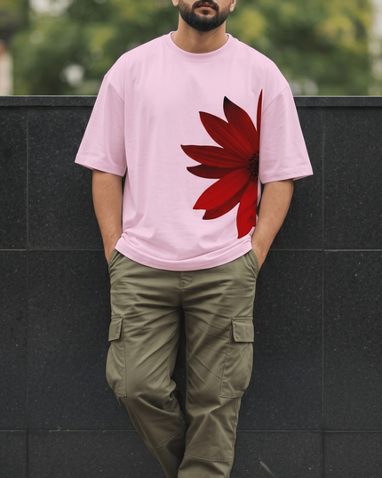 Red Flower : Graphic Oversized T-Shirt – White | 100% Cotton | Relaxed Fit Unisex Tee - Peepri