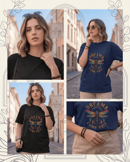 Dream Dragonfly : Graphic Oversized T-Shirt – White | 100% Cotton | Relaxed Fit Unisex Tee - Peepri
