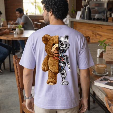 Teddy cum Robot : Graphic Oversized T-Shirt – White | 100% Cotton | Relaxed Fit Unisex Tee - Peepri
