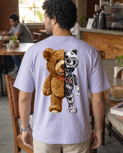 Teddy cum Robot : Graphic Oversized T-Shirt – White | 100% Cotton | Relaxed Fit Unisex Tee - Peepri