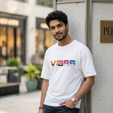 Vibes : Graphic Oversized T-Shirt – White | 100% Cotton | Relaxed Fit Unisex Tee - Peepri