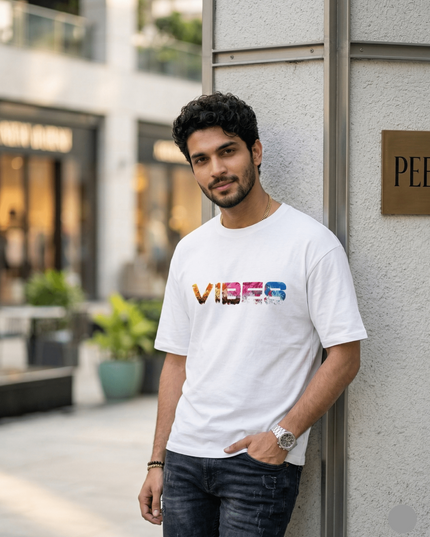 Vibes : Graphic Oversized T-Shirt – White | 100% Cotton | Relaxed Fit Unisex Tee - Peepri