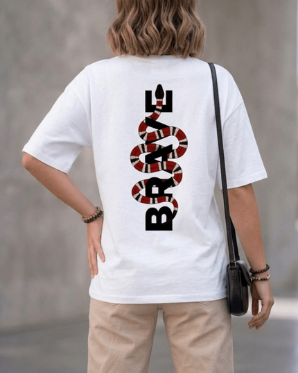 Brave Graphic Oversized T-Shirt – White | 100% Cotton | Relaxed Fit Unisex Tee - Peepri