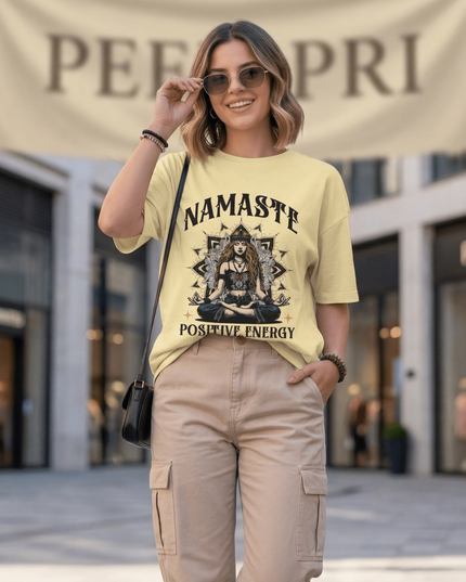 Namaste : Graphic Oversized T-Shirt – White | 100% Cotton | Relaxed Fit Unisex Tee - Peepri