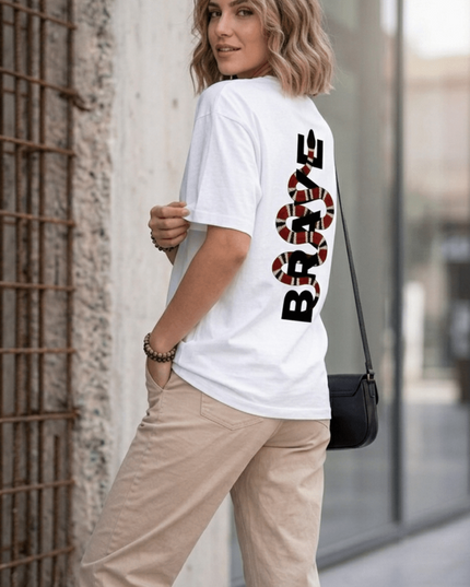 Brave Graphic Oversized T-Shirt – White | 100% Cotton | Relaxed Fit Unisex Tee - Peepri