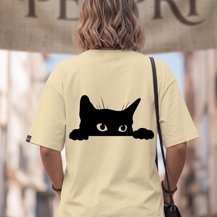 Hiding Cat : Graphic Oversized T-Shirt – White | 100% Cotton | Relaxed Fit Unisex Tee - Peepri