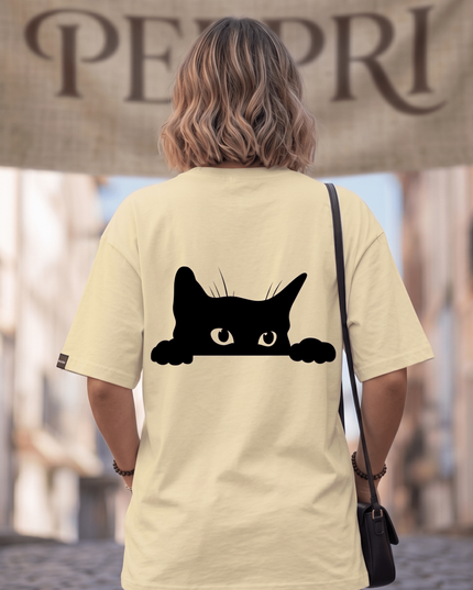 Hiding Cat : Graphic Oversized T-Shirt – White | 100% Cotton | Relaxed Fit Unisex Tee - Peepri