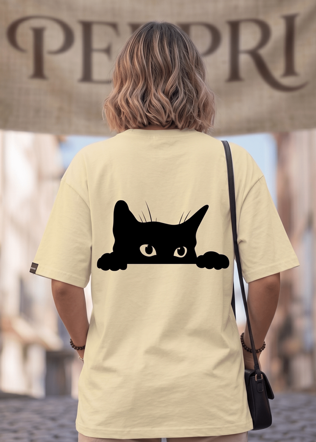 Hiding Cat : Graphic Oversized T-Shirt – White | 100% Cotton | Relaxed Fit Unisex Tee - Peepri