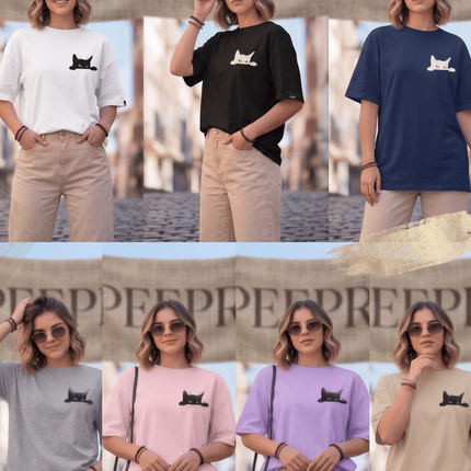 Hiding Cat : Graphic Oversized T-Shirt – White | 100% Cotton | Relaxed Fit Unisex Tee - Peepri