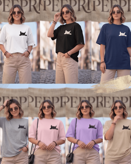 Hiding Cat : Graphic Oversized T-Shirt – White | 100% Cotton | Relaxed Fit Unisex Tee - Peepri