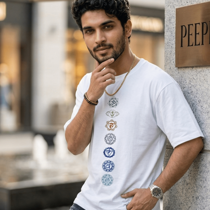 Seven Chakra : Graphic Oversized T-Shirt – White | 100% Cotton | Relaxed Fit Unisex Tee - Peepri