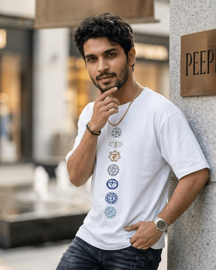 Seven Chakra : Graphic Oversized T-Shirt – White | 100% Cotton | Relaxed Fit Unisex Tee - Peepri