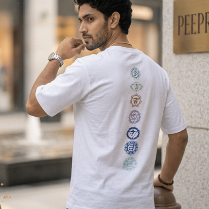 Seven Chakra : Graphic Oversized T-Shirt – White | 100% Cotton | Relaxed Fit Unisex Tee - Peepri