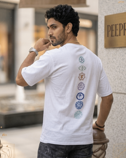 Seven Chakra : Graphic Oversized T-Shirt – White | 100% Cotton | Relaxed Fit Unisex Tee - Peepri