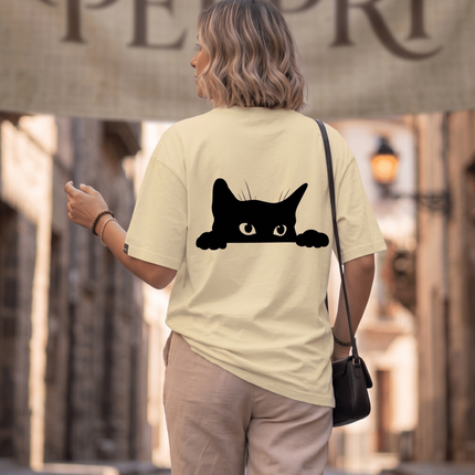 Hiding Cat : Graphic Oversized T-Shirt – White | 100% Cotton | Relaxed Fit Unisex Tee - Peepri