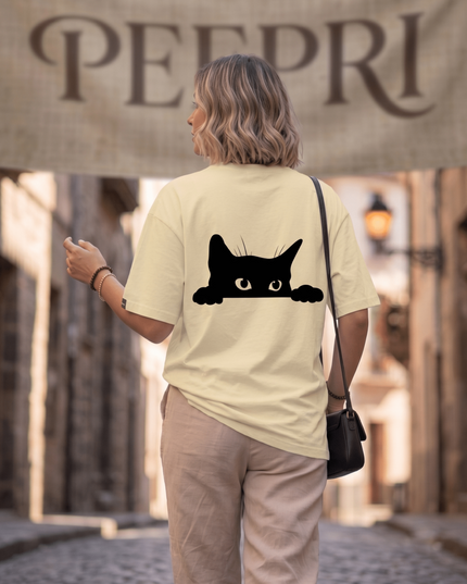 Hiding Cat : Graphic Oversized T-Shirt – White | 100% Cotton | Relaxed Fit Unisex Tee - Peepri