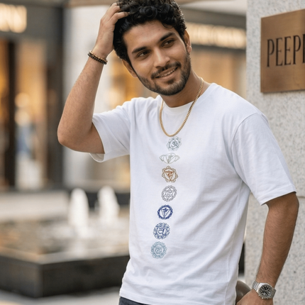 Seven Chakra : Graphic Oversized T-Shirt – White | 100% Cotton | Relaxed Fit Unisex Tee - Peepri