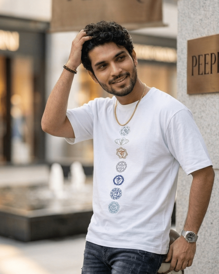 Seven Chakra : Graphic Oversized T-Shirt – White | 100% Cotton | Relaxed Fit Unisex Tee - Peepri
