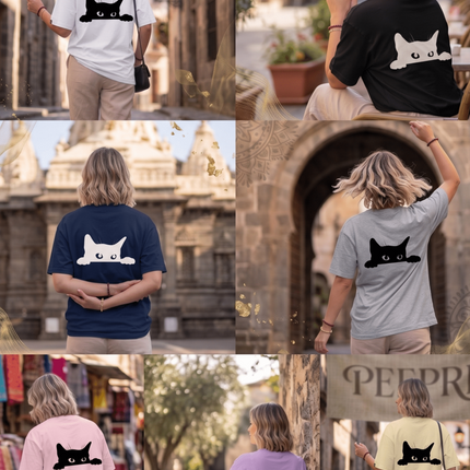 Hiding Cat : Graphic Oversized T-Shirt – White | 100% Cotton | Relaxed Fit Unisex Tee - Peepri